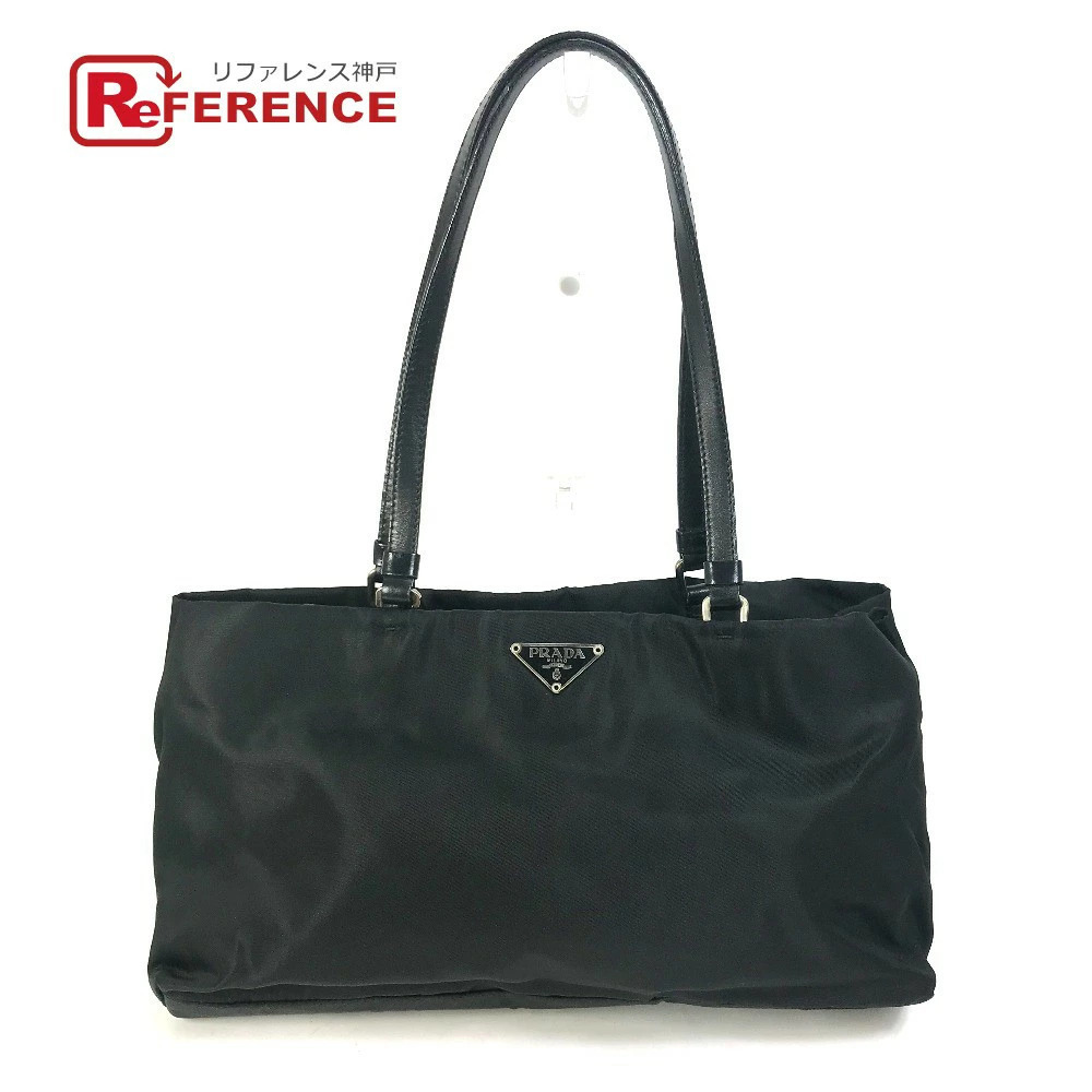 PRADA Triangle Logo Plate Bag Tote Handbag Shoulder Leather Black